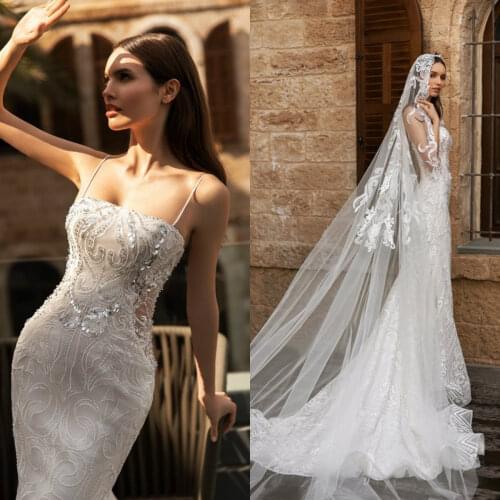 Modern Mermaid Wedding Dresses 2020 Spaghetti Straps Lace Sequined Wedding Dress Lace up Back vestido de novia