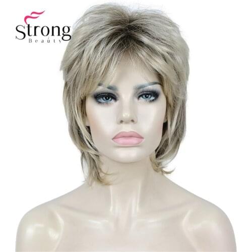 StrongBeauty Lady Women Ombre Blonde With Dark Root Short Cascaded Layers Full Wig Synthetic Hair Wigs