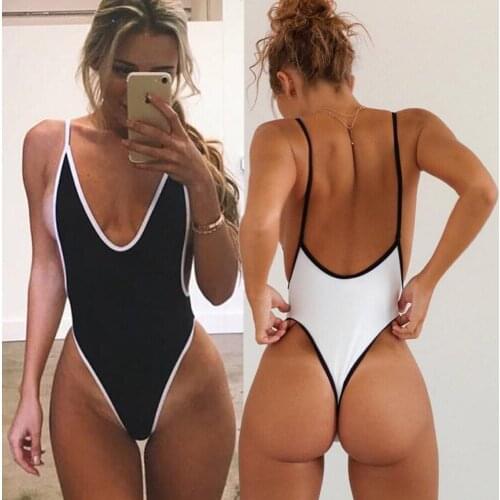 Amazing Low V-neck Swimwear Monokini Sexy Girls Swimsuit Young Female Black Triquini Maillot Backless Beach Swimming Bathers