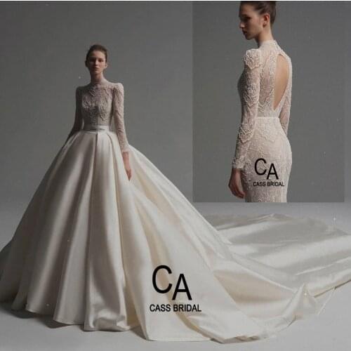 Gorgeous full length wedding dress with detachable satin train long sleeves beadings pearls box pleats high collar keyhole back