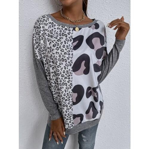 Tumblr Cotton Regular Solid New Arrival Round Neck Polka Dot Stitching Leopard Print lLong Sleeve Casual Tees Women