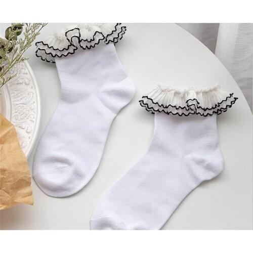Women Girls Cotton Ankle Socks Cute double lace Students Lolita Hosiery B745