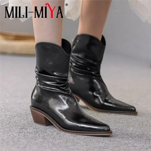 MILI-MIYA Elegant Pleated High Quality Leather Ankle Boots Women Autumn Winter Pointed Toe Square Heels Office Lady Party Shoes