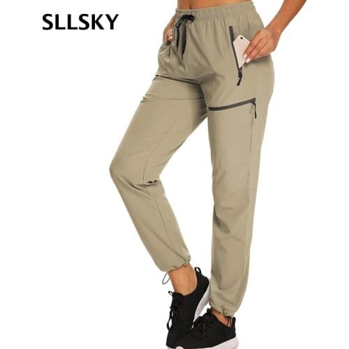 SLLSKY Elastic Waist Women Hiking Pants Drawstring Zipper Pocket Loose Tie Feet Trousers Casual Summer Woman Quick Dry Pants