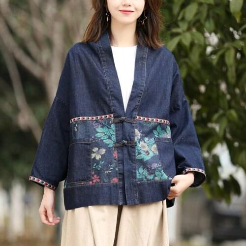 Ethnic Jacket Button Buckle Denim Short Coat Female 2020 Spring Autumn Clothing Chinese Large Size Embroidery Loose Blazer K437
