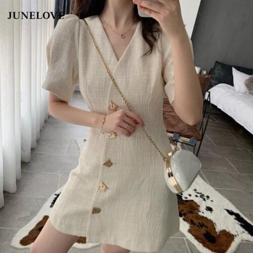 JuneLove v-neck summer single breasted mini dress vintage puff sleeve fashion dress casual women Korean high quality vestidos