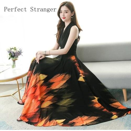 2020 Summer New Arrival Elegant V Collar Sleeveless Printed Women Chiffon Long Dress