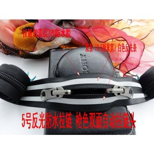 5# reflective waterproof nylon zipper 5M+4pcs double face sliders for bags student riding outdoor sports clothes