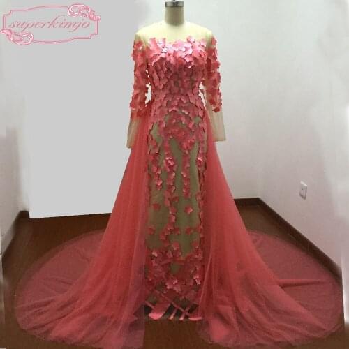 Watermelon Evening Dress Floor Length Court Train with Detachable Train Hand Made Flowers Mermaid Prom Dresses Coral Real Image