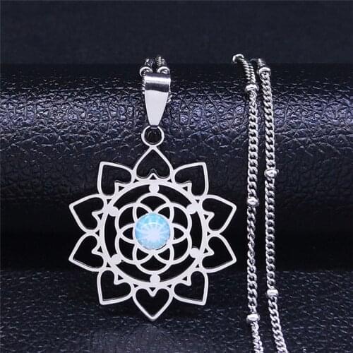 Flower of Life Stainless Steel Moonstone Charm Necklace Women Black Silver Color Chain Necklace Jewelry bijoux femme N1120S04