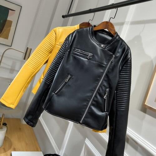 FMFSSOM Black Faux Leather Jackets 2021 Autumn patent Leather Jacket Women O-neck Zipper Long Sleeve Motorcycle Biker Coat