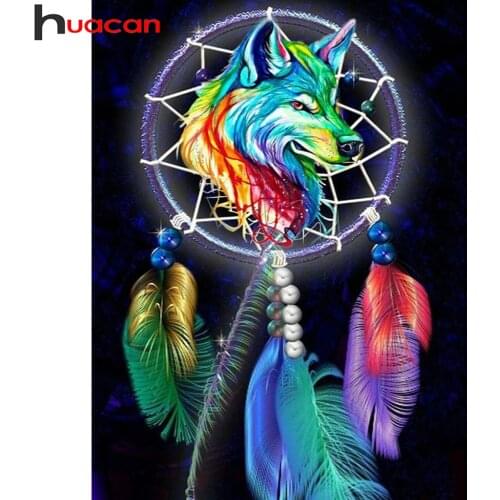 Huacan Diamond Painting Embroidery Wolf Dreamcatcher Wall Decor Diamond Mosaic Animal Feather Crystal Gift
