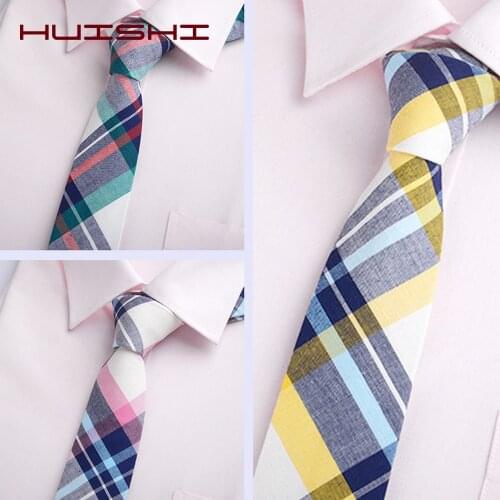 HUISHI Fashion 100% Cotton Tie Formal For Men Casual Plaid Necktie Gravatas Corbatas Slim Suits Mens Ties Party Narrow Neck Tie