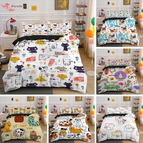 Cartoon Cat Dog Bedding Set Cute Animal Printed Duvet Cover Set Single Double King Twin Size Bedclothes Bed Cover For Kids Baby