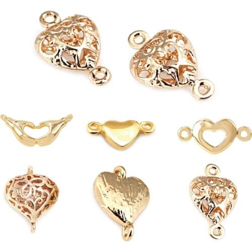 10PCS 9x14MM 24K Champagne Gold Color Plated Brass 2 holes Hollow Heart Charms High Quality Diy Jewelry Accessories