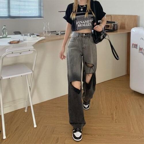 Summer Ripped Jeans Girl Women High Street Straight Autumn Patchwork Cargo Pants Streetwear Cool Harajuku Punk Jeans Female