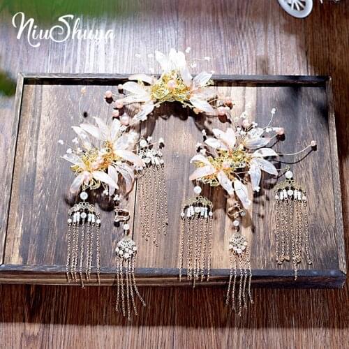 NiuShuya Chinese HANFU Traditional Classical Tassel Hairpin Hair Accessories Elegant Wedding Flower Headwear For Women