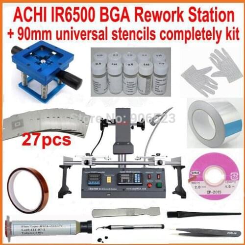 New BGA rework station infrared ACHI IR6500 motherboard repair machine + 27pcs 90mm universal bga stencils kit reballing base