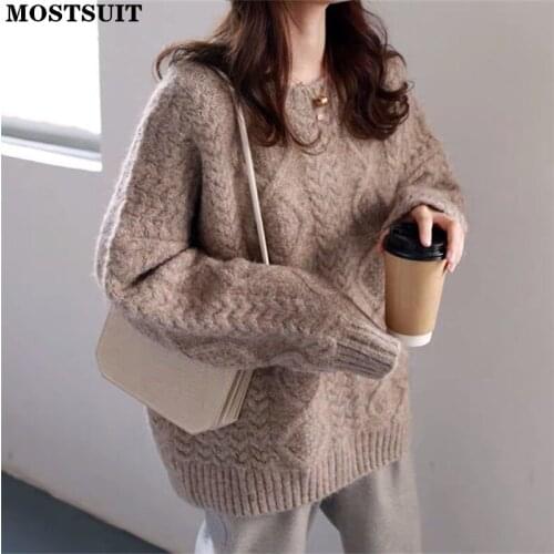 Solid Loose Thicken Knitted Pullover Women Full Sleeve O-neck Sweater Casual Fashion Chic Female Jumpers Tops 2021 Autumn