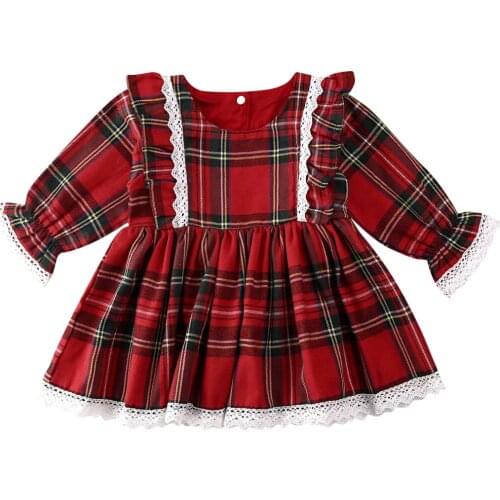 Christmas Toddler Infant Baby Girl Dress Xmas Clothes Long Sleeve Ruffles Lace Plaid Print A-Line Dress