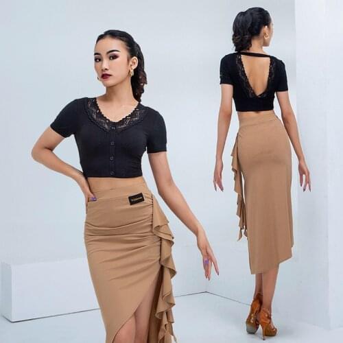 Latin Dance Shirt Female Adult Lace Sexy Backless Long Sleeves Top Tango Cha Cha Rumba Samba Dancing Practice Clothes DNV13586