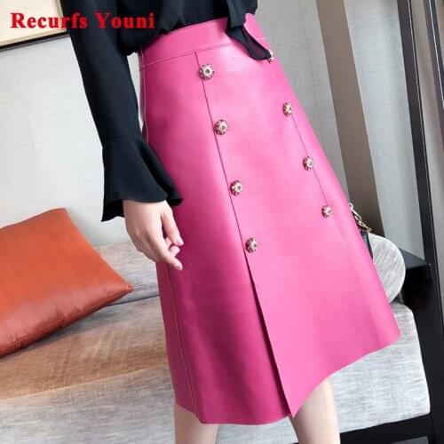 RYS9437 Ladies Real Leather Elegant Rhinestone High Waist Split A-line Long Skirt Women Femme Double-breasted Purple Maxi Jupe