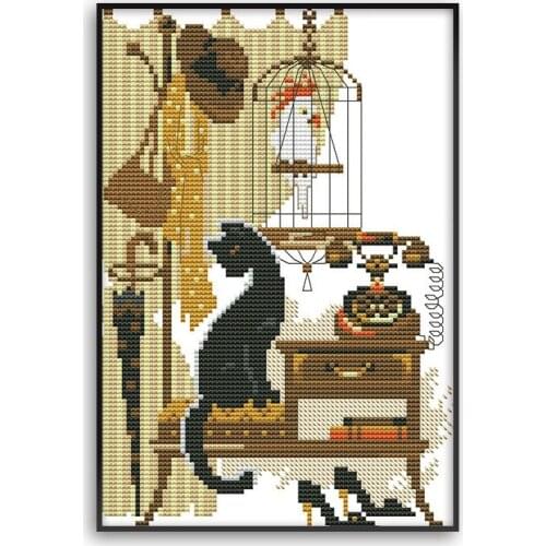 Animal Series Black Cat and Parrot 11CT 14CT Cross Stitch Set DIY Handmade Embroidery Needlework Set for Home Decor DA076