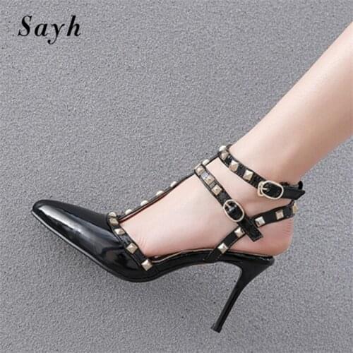 Fashion Women Brand High Heels Pumps Rivet Sexy Stilettos Party Dress Shoes Thin Heels Sandals Office Lady Size Plus 34-47