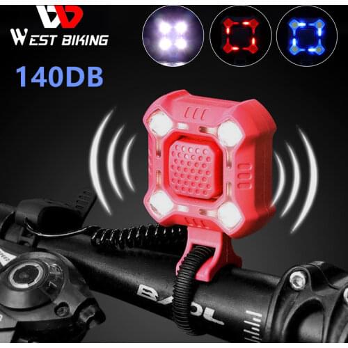 WEST BIKING 140 dB Bike Bell 4 Lamp Cycling Light 1200mAh Electric Horn Waterproof USB Charging Loud Alarm Security Bicycle Bell