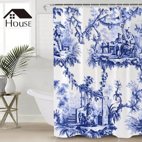 BIGHOUSES Shower Curtain Blue Chinoiserie Toile Fabric Shower Curtain Bathroom Decor with Hooks
