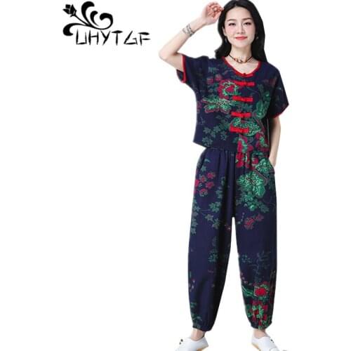 UHYTGF Womens summer sets fashion printing cotton linen comfortable 2 piece set Female ethnic style retro plus size suits 1645