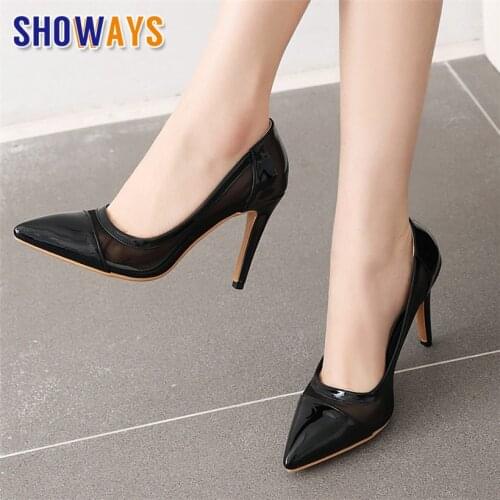 Summer Office Women Pumps 9cm High Heel Black White Mesh Wedding Party Dress Ladies Sexy Slip-on Pointed Toe Thin Stiletto Shoes
