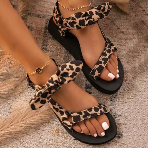 Summer New Womens Beach Sandals Solid Color Bow Leopard Flip Flops Ladies Outdoor Flat Footwear Colorful Zapatillas Mujer