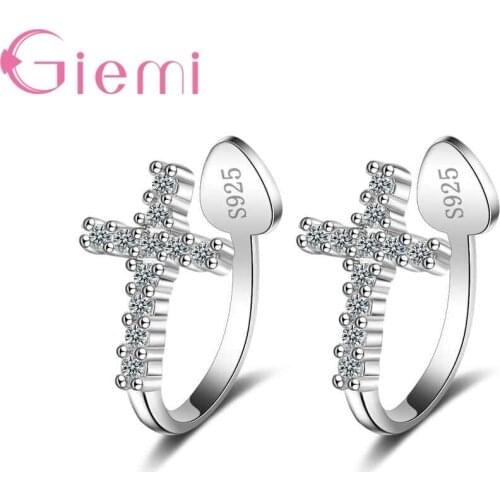 Women Good Selling Clip Earrings Genuine 925 Sterling Silver Shiny Cubic Zirconia Cross Shape Design Jewelry Crystal