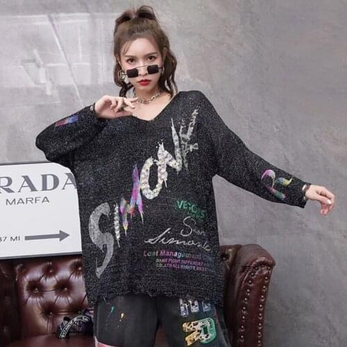 Tide Letter Print Sequin Sweater O Neck Long Sleeve Fashion Loose Casual Plus Size Top Women 2020 Autumn New Korea