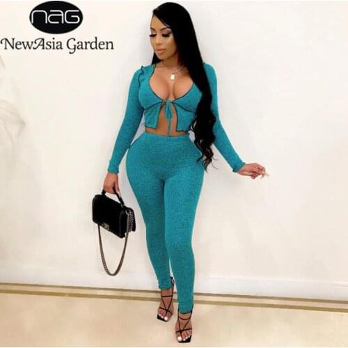 NewAsia Autumn 2 Piece Set Women Long Sleeve Tie up Crop Top Bodycon High Waist Pants Lady Long Trousers Solid Casual Suit 2020
