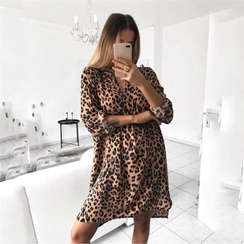 Leopard Women V Neck Dress Fashion Sexy Long Sleeve Printing Straight Dresses Femme Sundress Casual Clothes Vestidos De Fiesta