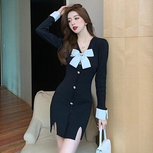 High Quality Womens Dress Fashion Long Sleeve Sexy Deep V-neck Knitted Dresses Women Sweet Dimond Beaded Bow Sweater Dress