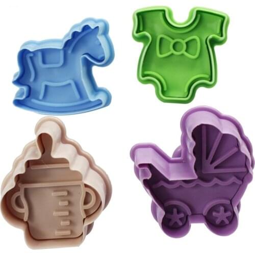 4pcs Baby Toys 3D Baby Stroller Trojan Horse Bottle Shape Cookies Mold Biscuit Stamp Gift Toast Mold Fondant Decorating Tools