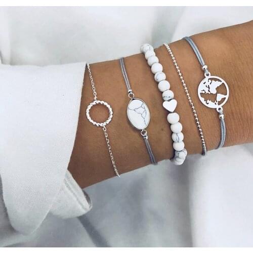 5 Pcs/Set Bohemian Fashion Gem Peach Heart Bead Map Circle Crystal Silver Color Bracelet Set Women Retro Beach Jewelry