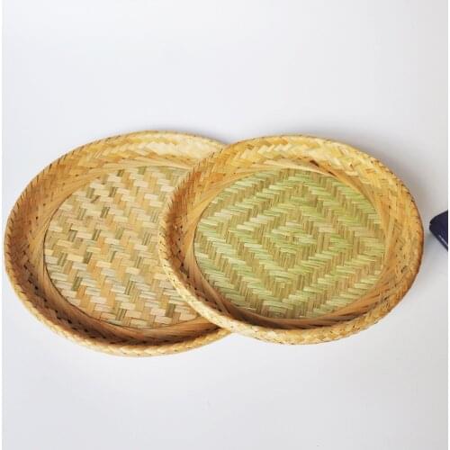 Round Bamboo Tray Bohemian Chic Wicker Tray Woven Rattan Chinese Traditional Flat Candy Fruit Basket Kitchen Farmhouse Storage