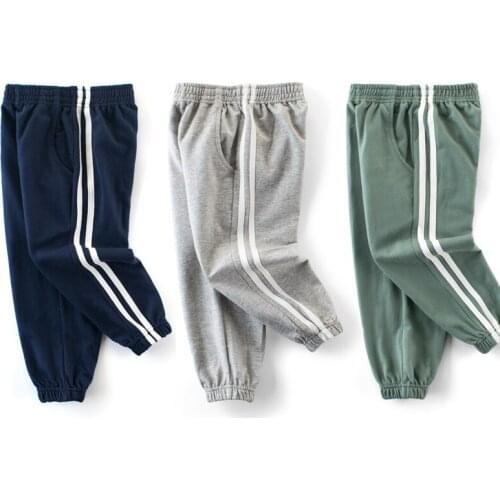 BINIDUCKLING Spring Autumn Boys Girls Kids Long Pants Cotton Stripe Elastic-Waist Full-length Green Sports Pants For Children