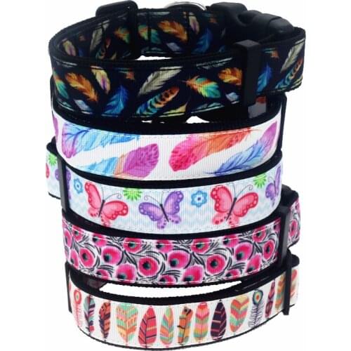 DHK 1'' 25mm Dog Collar Feather Butterfly Tribal Personalized Adjustable High Quality Ribbons Pet Collars S1567
