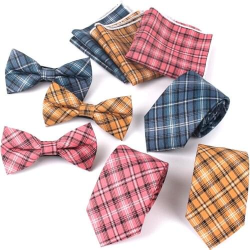 Men Neck Tie Bow tie Pocket Square Sets Classic Mens Plaid Necktie Set Formal Business Ties