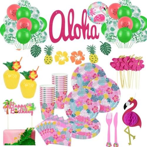 Hawaiian Aloha Party Pink Disposable Tableware Sets Paper Plates Pineapple Cups For Luau Summer Wedding Decor Flamingo Balloons