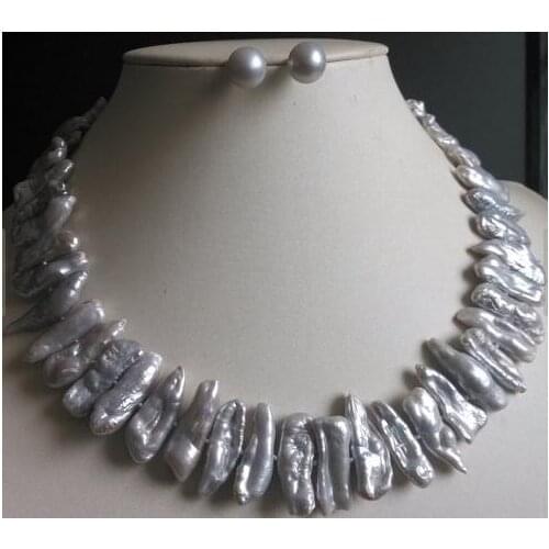 Birthday Pearl Jewelry Set 17 inches Gray Biwa Freshwater Pearl Necklace Earrings