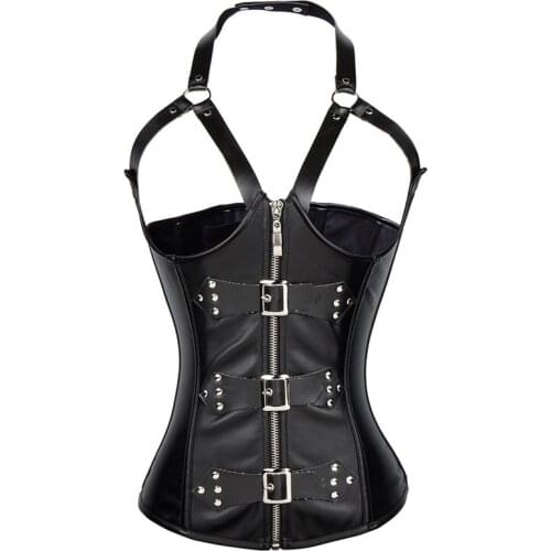 Hot Sale Steampunk Black Faux Leather Cupless Corset With Suspender Buckle Zip Waist Cincher Bustier Free Shipping Size S - 2XL