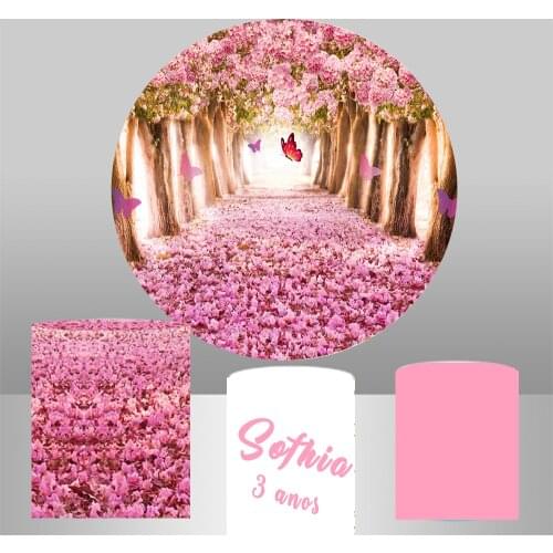 Round circle background pink cherry tree flower butterfly Backdrop photo booth girl birthday Party table Cover plinth covers 373