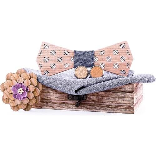 Linbaiway Business Bowtie Wood Male Manual Wooden Bow Ties Handkerchief Cufflinks Brooch Set Skinny Cravate Homme Accessories