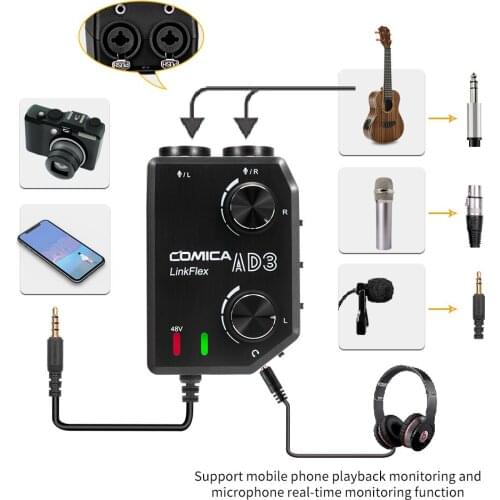 COMICA AD3 XLR/3.5mm/6.35mm Microphone Audio Preamp Mixer/Adapter/Guitar Interface for DSLR Cannon Nikon Camera iPhone Android